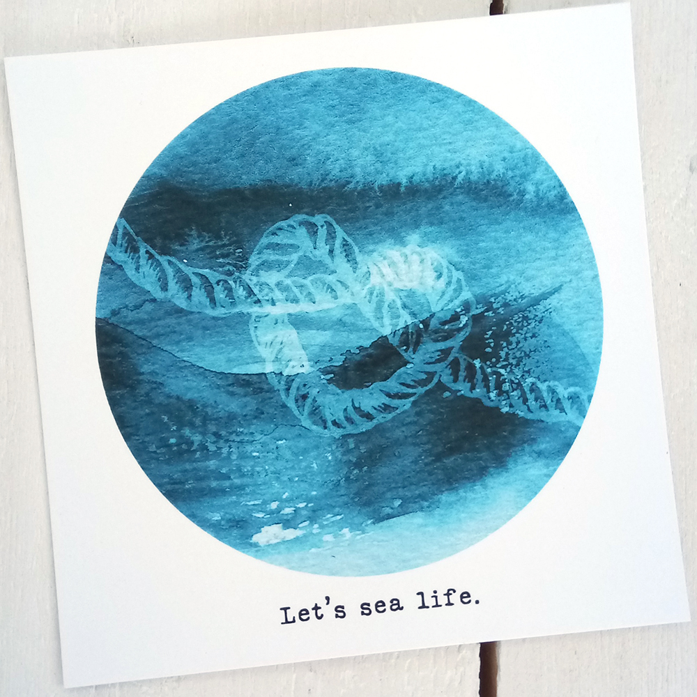 "Let's sea life".Meriaiheinen sisustus- tai postikortti.