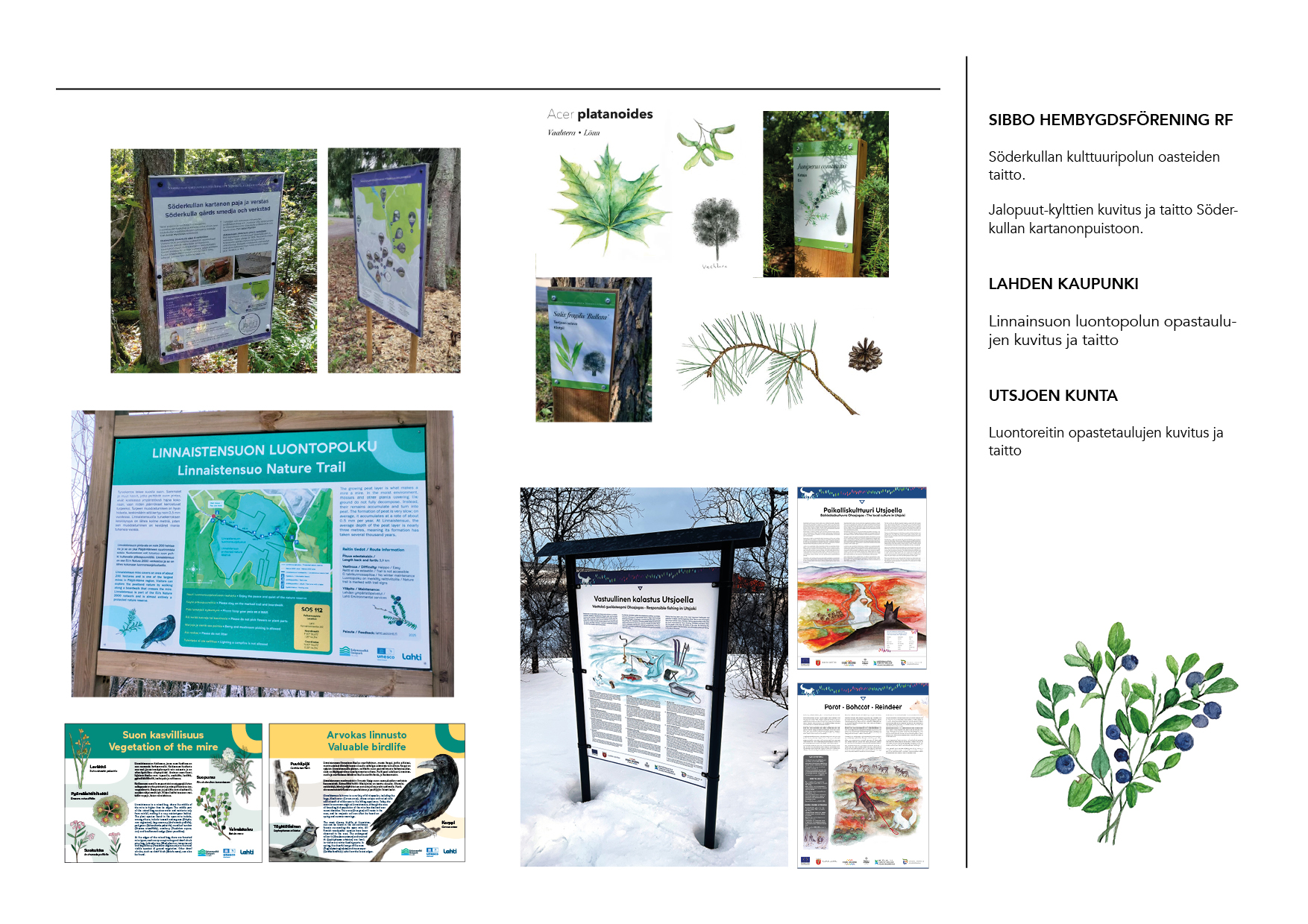 Opastekylttien taitto ja kuvitukset luontoreitille.